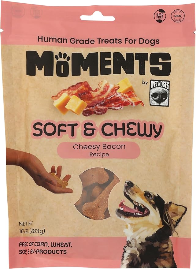 Wet Noses Moments Soft & Chewy Dog Treats – All-Natural, Human-Grade, Non-GMO, Healthy Training & Delicious Snacks for Dogs, for All Dog Sizes & Breeds – Cheesy Bacon, 10oz (Single Pack)