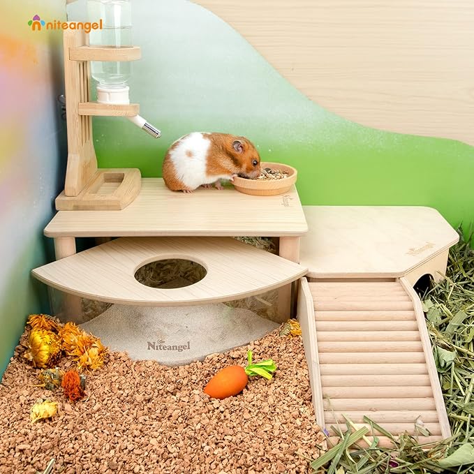 Niteangel Hamster Play Wooden Platform for Dwarf Syrian Hamsters Gerbils Mice Degus or Other Small Pets (11.8 L x 8.2 W - 5.9'' Height, Burlywood)