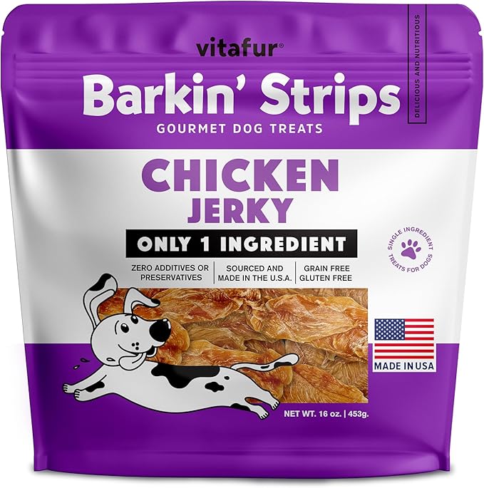 Barkin Burger Strips Made of Only Chicken Grain-Free Dog 12 oz Premium One-Ingredient Digestive Support Dog Jerky Treats, Made in USA Small Batch Healthy Single ingrediens Training Treats