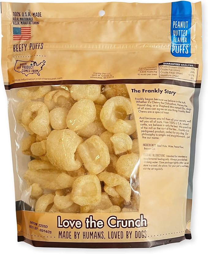 Frankly Pet Original Beefy Puffs - Peanut Butter Flavored Puffs - Protein Packed, Ingredients Sourced and Manufactured in The U.S.A. 5 Oz (PB)