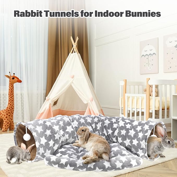 BWOGUE Bunny Tunnel Bed, 2-in-1 Collapsible Tunnel Tubes Toys with Removable Mat Hideout for Cats Kittens Rabbits Guinea Pigs Kitty (Greystar)