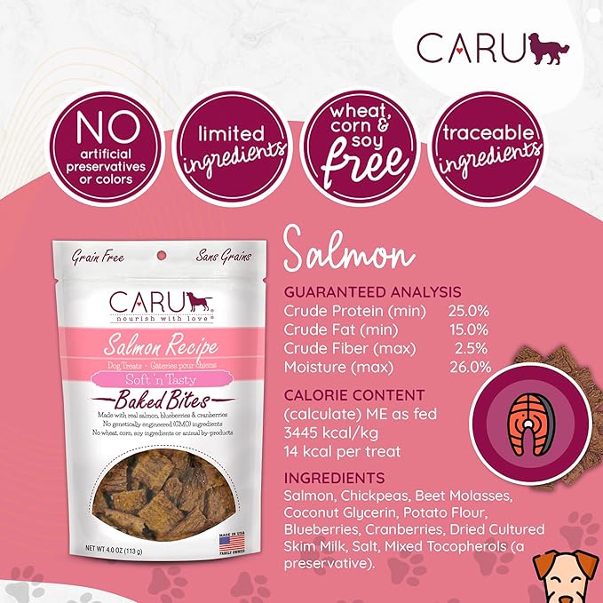 Caru Soft n' Tasty Baked Bites Salmon Bites Dog Treats for Training - Real Meat with Blueberries & Cranberries - 4 oz Bags - Pack of 3