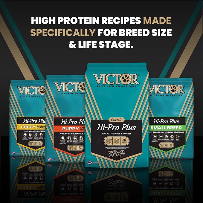 VICTOR Super Premium Dog Food – Hi-Pro Plus Dry Kibble – High Protein Dog Food with 30% Protein – Beef, Chicken, Pork, Fish Meals, Gluten Free - for High Energy and Active Dogs & Puppies, 5lbs