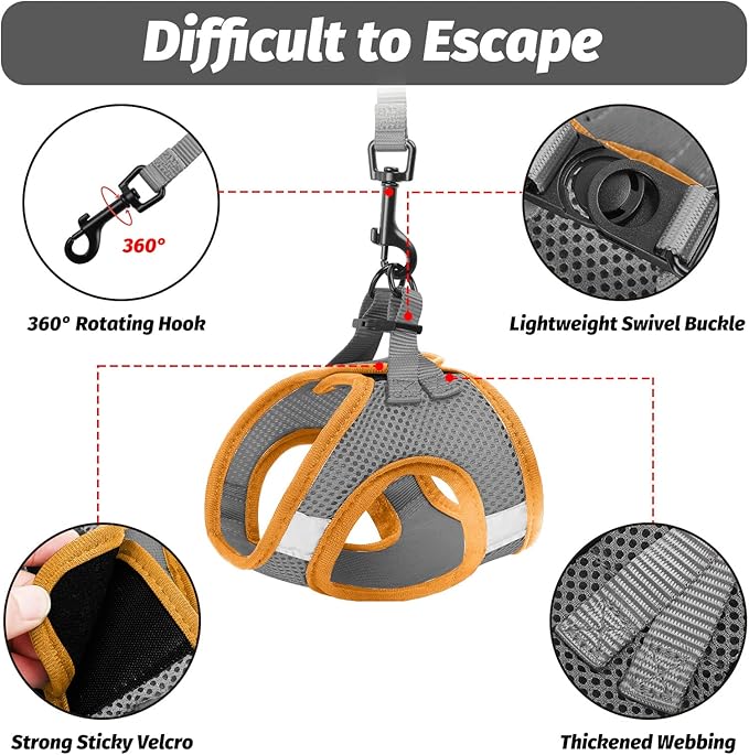 FAYOGOO Gray Escape Proof Cat Harness & Leash Set, XL (Chest 16-17.5'') for Small Cats/Dogs, Outdoor Activities