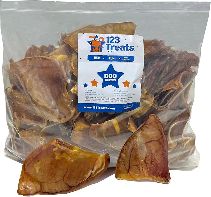 123 Treats Pig Ears for Dogs - (50 Count) 100% Natural, Long Lasting & Highly Digestible Chew Treats, Single Ingredient, Slow Baked, Great for Puppy, Large & Medium Dogs