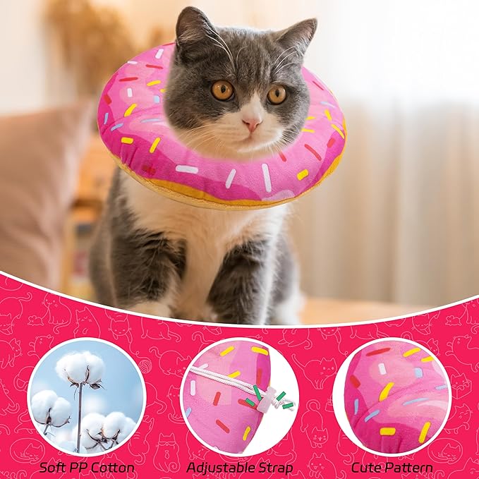 Seyezo Cat Cone Collar Soft, Adjustable Cat Recovery Collars Kitten Cones to Stop Licking, Cute Donut E Collar After Surgery, Elizabethan Healing Protective Cones After Spay (Donut Pink, Large)