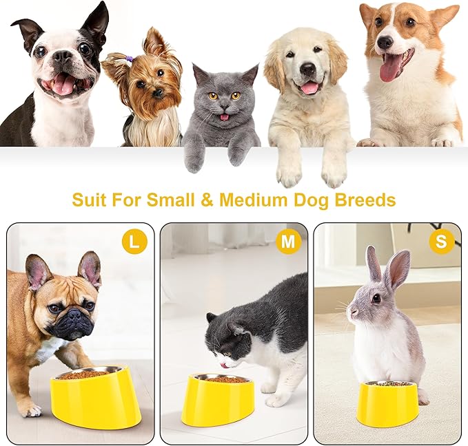 Tilted Dog Bowl Non-Slip & Non-Spill Pet Feeder with Elevated Detachable Melamine Stand, Easy to Get Food Dog Dish, M/180ml Yellow