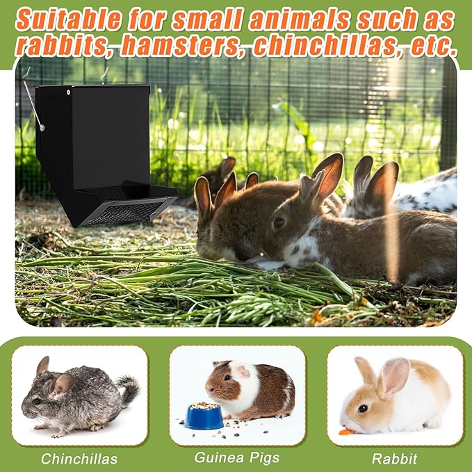 Maxcheck 2 Pcs Rabbit Feeder for Cages Small Animal Food Pellet Dispenser with Lid Metal Chicken Grit Oyster Shell Squirrel Feeders Outside(4.7 Inches,Mesh Bottom,Black)