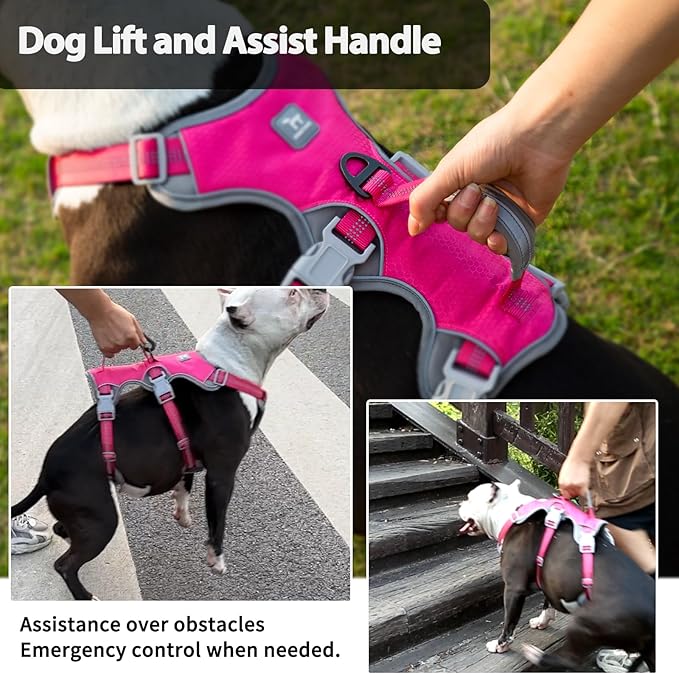 Huntboo Escape Proof Dog Harness, Escape Artist Harness, Reflective Harness with Padded Handle, Breathable, Durable, Adjustable Vest for Medium Dogs Walking, Training, and Running Gear (Rose red,XL)