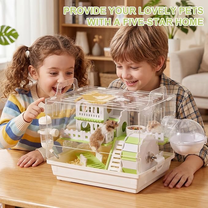 Loungewave Acrylic Hamster Cage, 2-Tier Gerbil Cage with Wooden Wheel, Small Dwarf Hamster Cage Habitat, Garden Mouse Cage for Pet Mice, Clear View Inside Easy to Clean, Green