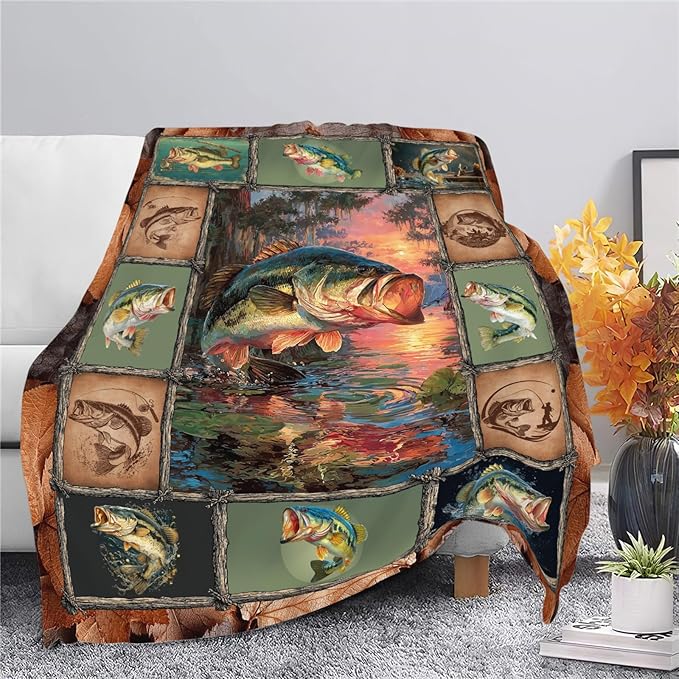 Fish Throw Blanket Fishing Stuff Gifts for Kids Girls Boys Adults Women Men Soft Cozy Warm Plush Fluffy Fuzzy Fleece Blanket Decor 50''X60''