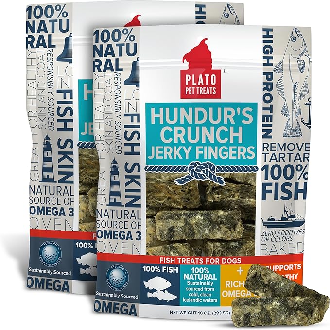 PLATO Pet Treats Fish Dog Treats - Air-Dried, Single Ingredient Dog Treat - with Omega 3 & 6 Fatty Acids to Support Skin and Coat - Cod Fish Skin - Hundur’s Crunch Jerky Fingers - 10 oz - 2 Pack