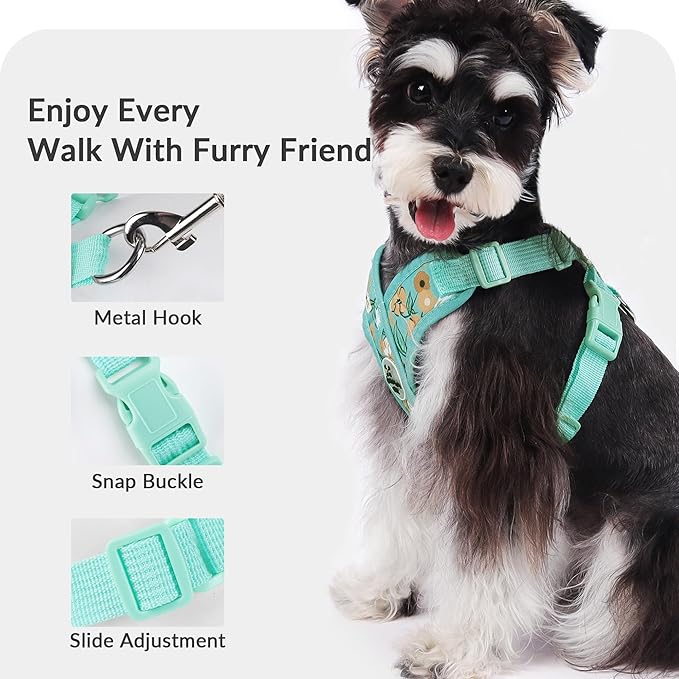 Patas Lague Dog Harness with Leash Set Adjustable Soft Padded Step-in Dog Vest No Choke No Pull Reflective for Medium Pets with Poop Bags and Dispenser, Solid and No-chew, Floral Green L