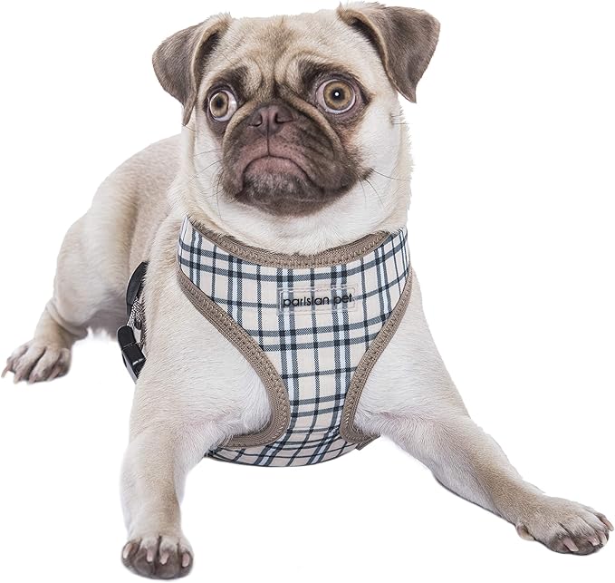Parisian Pet Plaid Khaki Dog Harness - Breathable No Pull Puppy Harness with Leash Ring - Adjustable Harnesses for Dogs - Soft Padded Step-in Pet Vest - Lightweight Dog Vests for Medium Sized Dogs