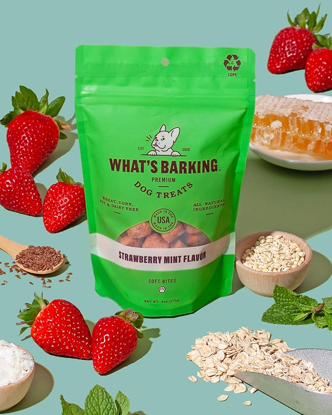 What's Barking Soft Bites, Soft Chewy Dog Treats for Training or Snacking, Pet Essentials, Bite Size Pieces for Dogs, Natural Ingredients, Made in USA, Resealable Bag (Pack of 1, Strawberry Mint)