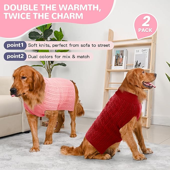2 Pack Dog Sweaters for Large Dogs Winter Turtleneck Pullover Cable Knit Fleece Stretch Pitbull Labrador Golden Retriever Doberman Bulldog Boy Girl Pet Clothes (XXL, Pink & Red)