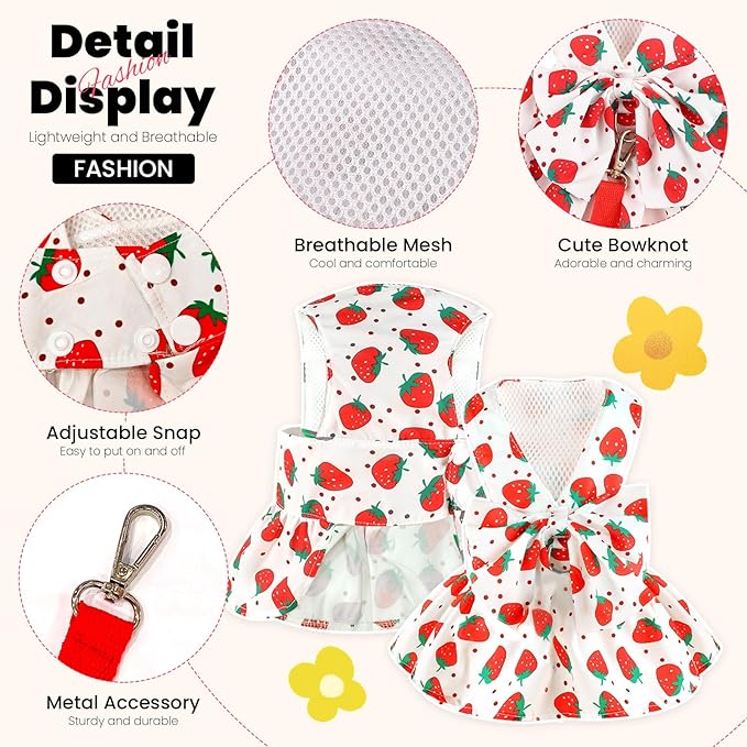 ABRRLO Cute Dog Dress Small Dog Clothes For Girls Female Puppy Outfits Red Strawberry Pet Summer Clothes Bowknot Doggy Cat Princess Dresses Harness for Holiday Birthday Party Costume Clothing (Red,XL)