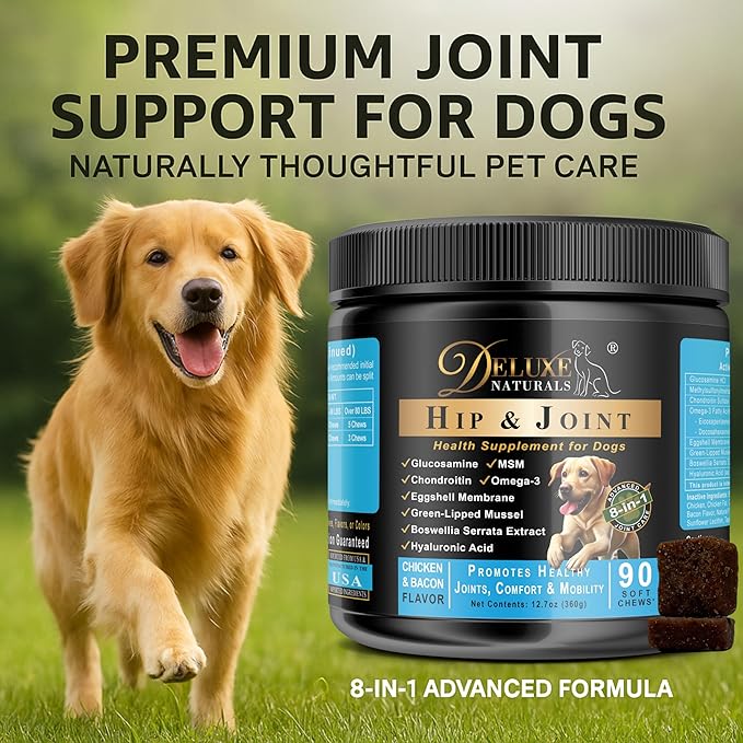 Hip and Joint Soft Chews for Dogs – 180 Count (Pack of 2 x 90) – Glucosamine, MSM, Chondroitin, Omega-3, Green-Lipped Mussel – Joint Support Supplement – Chicken & Bacon Flavor