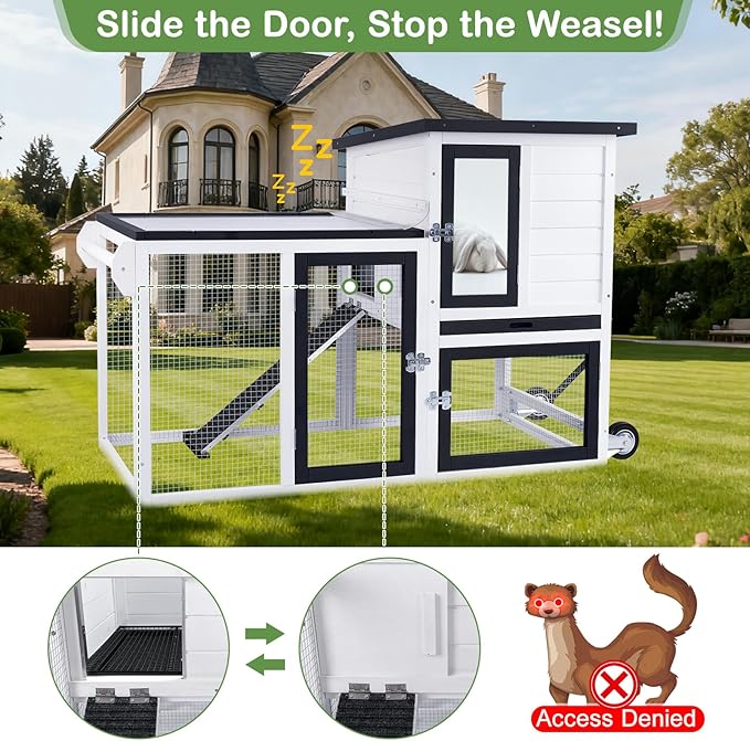 Bunny Hutch Outdoor with Chew-Proof Aluminum Frame 2-Story Indoor Rabbit Hutch Wooden with Wheels and Slide-Out Tray