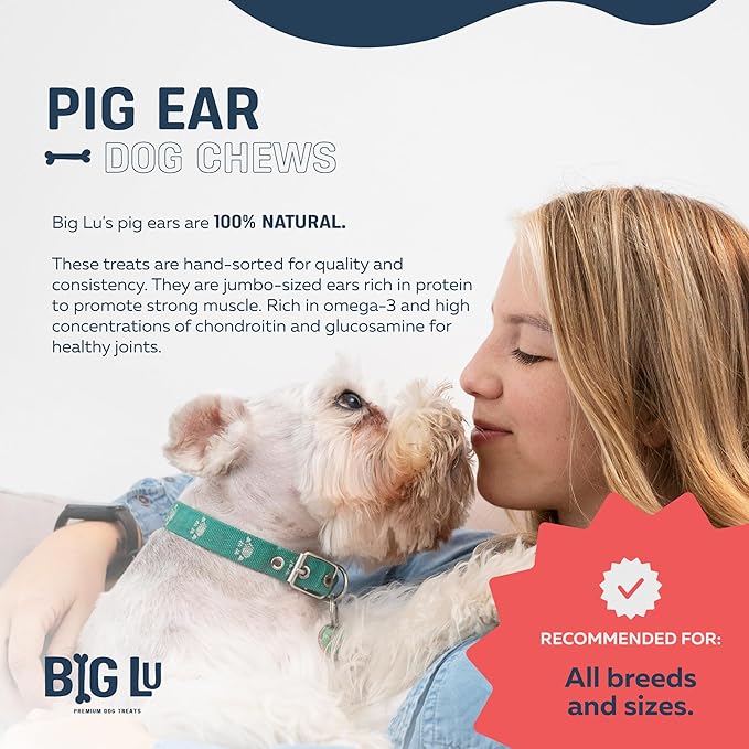 Big Lu – Whole Pig Ears for Dogs, 12 Count, All-Natural Single-Ingredient Pork Treats for Medium and Large Dogs, Easily Digestible, Long-Lasting, Supports Joint Health with Glucosamine and Chondroitin