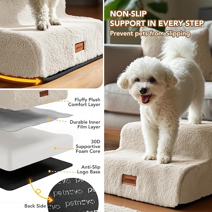 PETNOVO Ultra-Soft Rabbit Fur-Like Dog Stairs for Couch/Bed, Luxury Comfort 2-Step for Small & Senior Dogs, Non-Slip, Removable Washable Cover, OEKO-TEX Certified, 15.7"D x 15.7"Wx 11.8"H, Off White