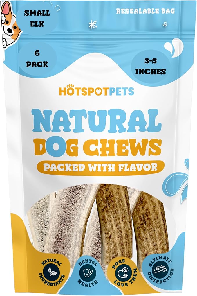 hotspot pets Small Premium Split Elk Antlers for Dogs - 3''-5'' Inch Long Dog Chews, (6 Pack) Naturally Shed Antler Bone for Small Breed Aggressive Chewers - Made in USA - Promotes Dental Hygiene