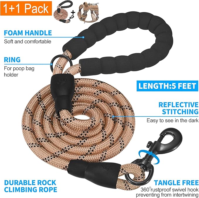 Heavy Duty Tactical Dog Harness for Medium Dogs, Brown, Molle System, Four-Point Adjustment, Anti-Lost ID Tag, Includes 5ft Leash