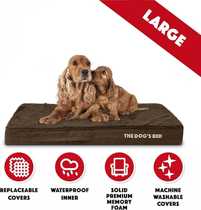 The Dog’s Bed Orthopedic Memory Foam Dog Bed for Large Dogs, Waterproof Washable Cover, Anti-Slip Base, Calming Surface – CertiPUR-Certified Foam, Brown Plush, 4 Inch Thick