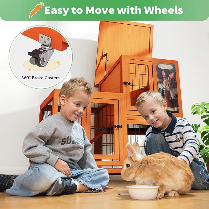 COZIWOW Rabbit Cage Indoor with Wire Bottom, 2-Level Large Wooden Bunny Hutch on Wheels Outdoor for Multiple Small Animals, Orange + Colorful Patterns