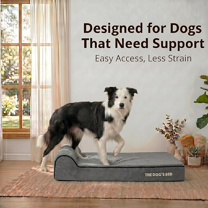 The Dog’s Bed Orthopedic Memory Foam Dog Bed with Headrest, Calming Surface – CertiPUR-Certified Foam, Plush Fabric, Grey Plush, Large, 6-Inch