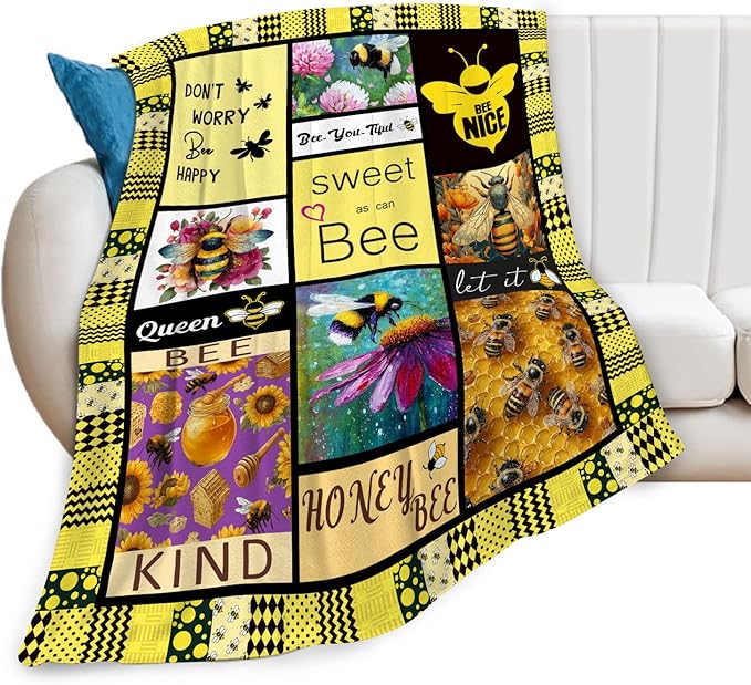 Bee Throw Blanket Bee Stuff Gifts for Kids Girls Boys Adults Women Men Soft Cozy Warm Plush Fluffy Fuzzy Fleece Blanket Decor 60''X80''