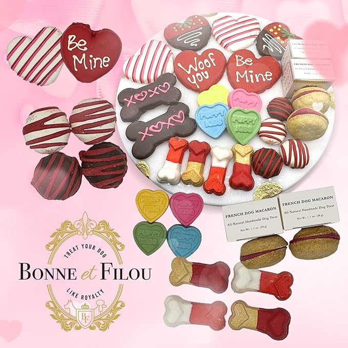 Bonne et Filou Valentine Dog Treats, Gift Box of 22 Luxury Macarons, Truffles & Bone Cookies, Healthy & Delicious Snacks for Medium to Large Dogs