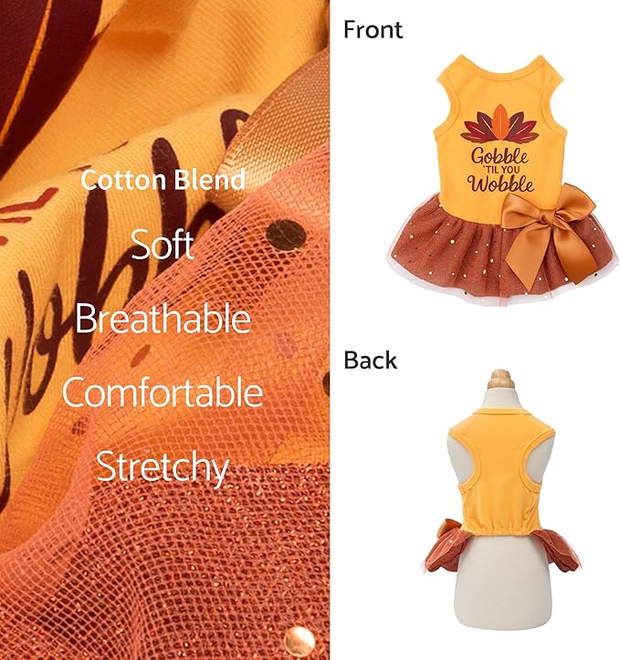 Fitwarm Gobble 'til You Wobble Dog Dress, Funny Thanksgiving Outfit for Small Dogs Girl, Festive Pet Clothes, Yellow, Orange, Large
