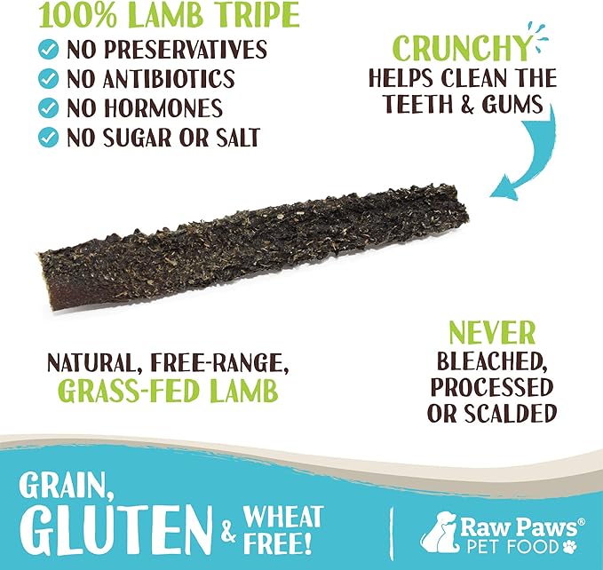 Raw Paws Green Lamb Tripe Sticks for Dogs (10-Count) - Single Ingredient, Grass-Fed & Free Range - Crunchy Lamb Dog Treats - All Natural Dog Chews