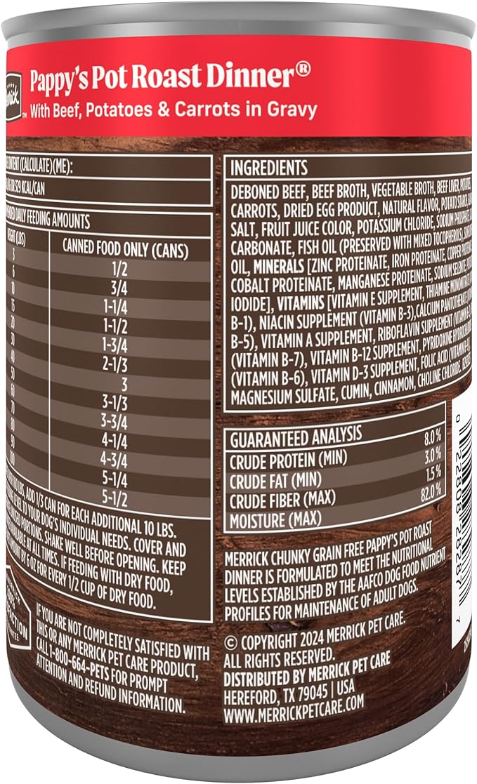 Merrick Chunky Grain Free Premium And Wholesome Canned Dog Food, Real Meat Pappy’s Pot Roast Dinner In Gravy - (Pack of 12) 12.7 oz. Cans
