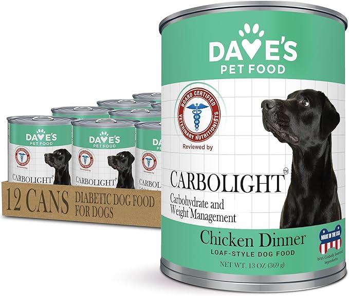 Dave's Pet Food Carbolight Carbohydrate & Weight Management for Diabetic Dogs Canned Dog Food, Chicken Dinner, 13oz can (12 Pack)