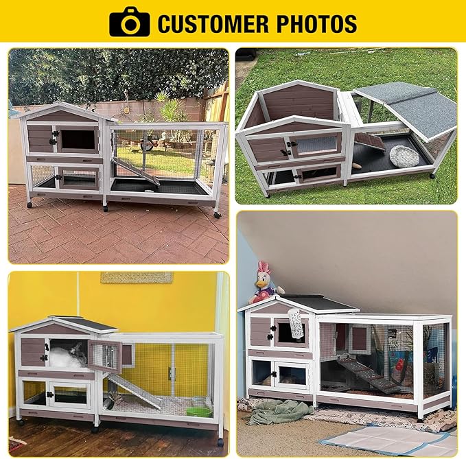 Aivituvin Rabbit Hutch 62" Rabbit Cage Indoor Outdoor Guinea Pig Cage on Wheels Bunny Cage with 3 Deep No Leakage Pull Out Tray,Waterproof Roof (Brown)