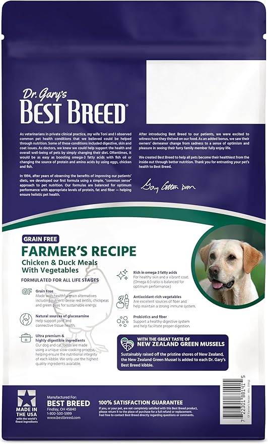 Dr. Gary's Best Breed Grain Free Farmer's Recipe Slow-Cooked in USA, Natural Dry Dog Food for All Breeds and Sizes, 4lbs.