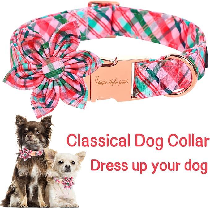 Unique style paws Cotton Dog Collar with Bow Christmas Puppy Collar with Red Green Plaid for Small Medium Large Boys Girls Dogs