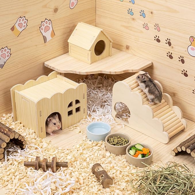 BreezeHug 4 Pcs Hamster Platform Hideout Wooden Tunnel Ladder Playhouse Hamster Game Climbing Toy with Platform Cage Accessories for Small Pets Dwarf Syrian Mice Degus Gerbils Squirrel(Wave House)