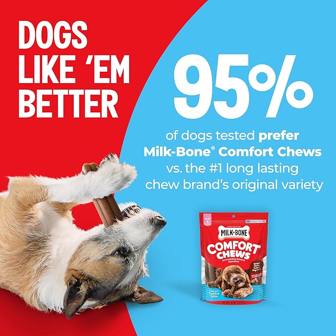 Milk-Bone Comfort Chews, Rawhide Free Dog Treats with Unique Chewy Texture and Real Beef, 3 Chews (Pack of 5), Easy on Digestive System