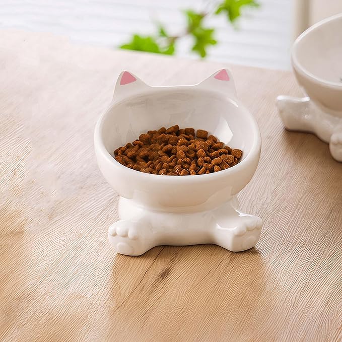 Elevated Cat Bowls, 4.9 Inch Ceramic 3D Raised Cat Food Bowl for Whisker Fatigue, Slanted Cute Kitten Food Bowl & Porcelain Water Dish 4.5 OZ, Anti-Vomiting, Protects Pet’s Spine, 1 Piece