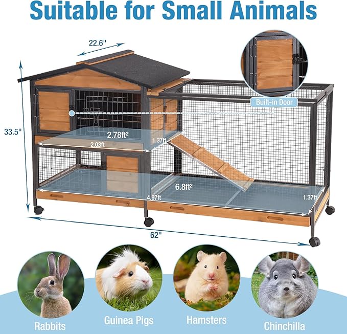 Rabbit Hutch Indoor, 62’’ Bunny Hutch Outdoor with All-Around Metal Frame, Mobile Rabbit House with Wheels, Wooden Bunny Cage with Leakproof Tray, Chew-Proof Ramp for Guinea Pig(Orange)