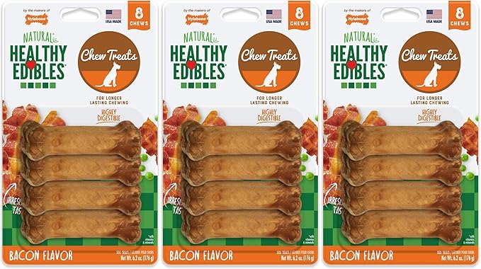 Nylabone Healthy Edibles Long Lasting Chew Treats. (3) 8 Count Pakcs of Bacon Flavor Tereats for X-Small/Petite Dogs. 24 Total Treats.