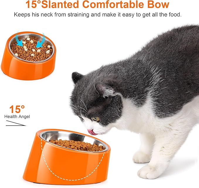 Tilted Dog Bowl Non-Slip & Non-Spill Pet Feeder with Elevated Detachable Melamine Stand, Easy to Get Food Dog Dish, M/180ml Orange