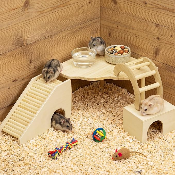 BreezeHug 4 Pcs Hamster Platform Hideout Wooden Tunnel Ladder Playhouse Hamster Game Climbing Toy with Platform Cage Accessories for Small Pets Dwarf Syrian Mice Degus Gerbils Squirrel(Log Cabin)