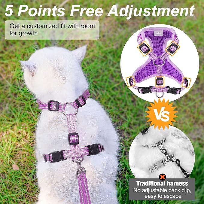 BEAUTYZOO Cat Harness, Escape Proof Cat Leash and Harness Set for Walking, Soft Breathable Vest Harness with Neck Adjustable, Reflective Easy-Control Kitten Harness for Cats (Star Design),Purple M