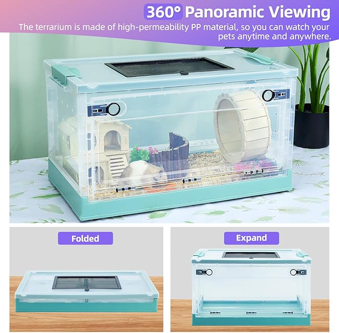 Hamsters Cage Large, Foldable Portable 360° Viewing Ventilated Cages with Villas, Exercise Wheels, for Hamsters, Rats, Dwarf Hamsters, Gerbils, Guinea Pigs (Blue, Large(22" L x 13" W x 12" H))
