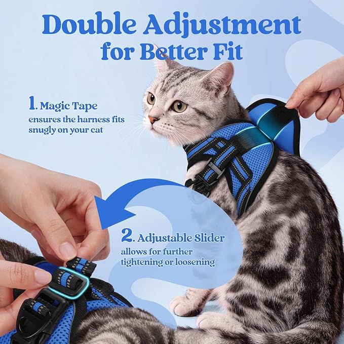 rabbitgoo Cat Harness and Leash Set for Walking Escape Proof, Adjustable Soft Kittens Vest with Reflective Strip for Cats, Comfortable Outdoor Vest,Blue,L