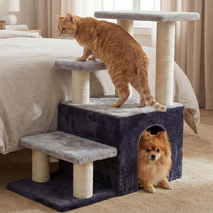 Heybly Pet Stairs for Cats, 29.5 inch High Dog Steps for Small Doggie Rabbits, 9.8''Depth Cat Stairs, Indoor Cat Ladders for High Bed for Pet's Joints, 1 Condo Cave, 6 Sisal Scratcher HSP002SGW